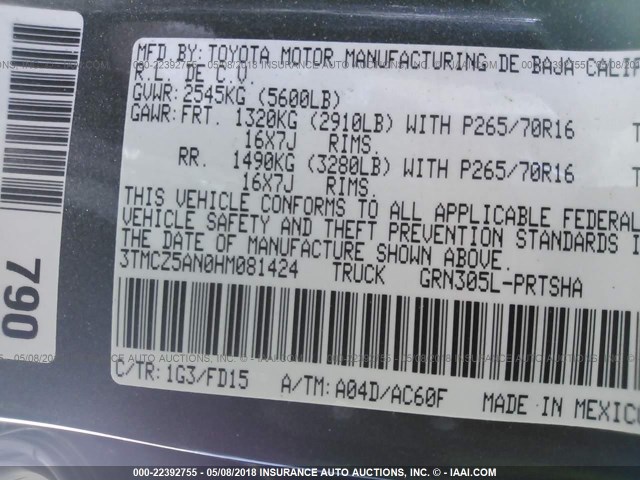 3TMCZ5AN0HM081424 - 2017 TOYOTA TACOMA DBL CAB/SR/TRDSPT/OR/PRO Boz foto 9