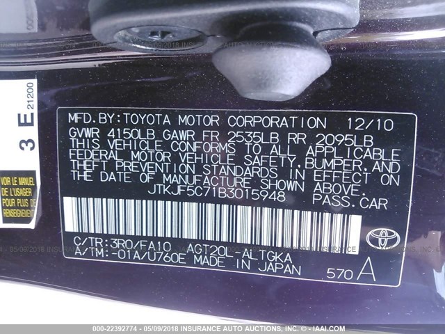 JTKJF5C71B3015948 - 2011 TOYOTA SCION TC 紫色 照片 9