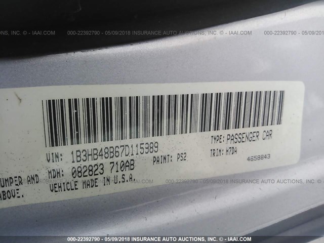 1B3HB48B67D115989 - 2007 DODGE CALIBER SXT SILVER photo 9