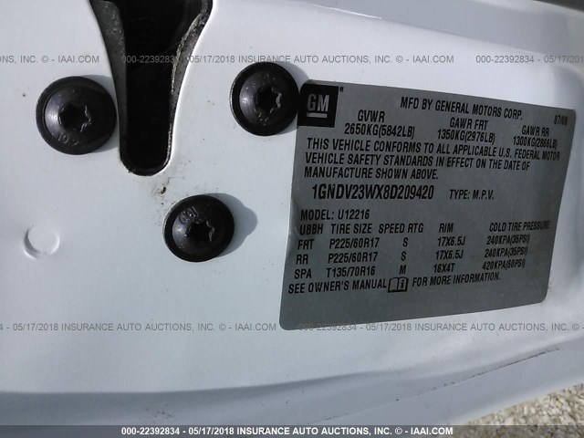 1GNDV23WX8D209420 - 2008 CHEVROLET UPLANDER LS 白色 照片 9