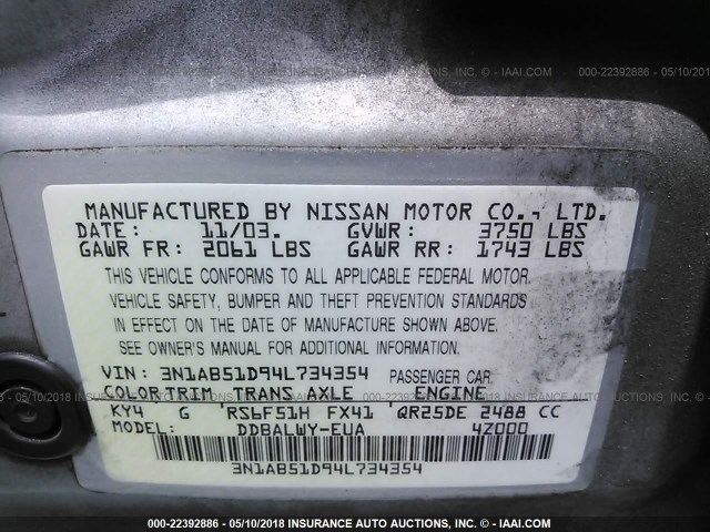 3N1AB51D94L734354 - 2004 NISSAN SENTRA SE-R SPEC V SILVER photo 9