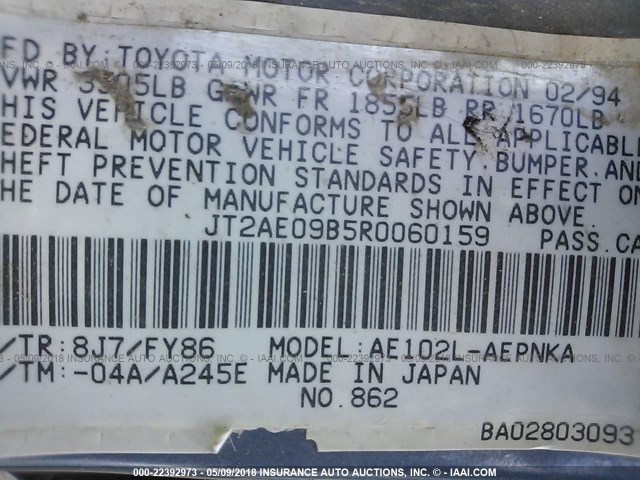 JT2AE09B5R0060159 - 1994 TOYOTA COROLLA LE/DX BLUE photo 9