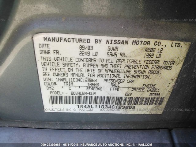 1N4AL11D34C123868 - 2004 NISSAN ALTIMA S/SL GREEN photo 9