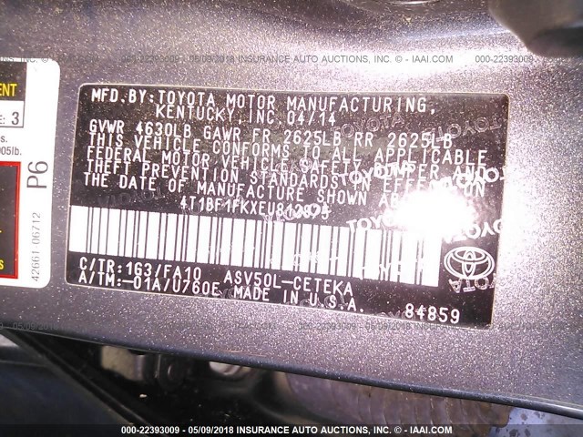 4T1BF1FKXEU812875 - 2014 TOYOTA CAMRY L/SE/LE/XLE 灰色 照片 9