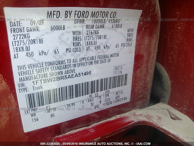 1FTSW2BR5AEA51495 - 2010 FORD F250 SUPER DUTY RED photo 9