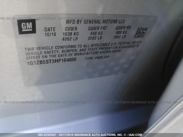 1G1ZB5ST3HF164866 - 2017 CHEVROLET MALIBU LS 银色 照片 9