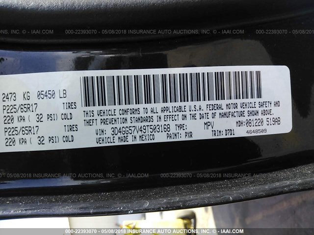 3D4GG57V49T503168 - 2009 DODGE JOURNEY SXT BLACK photo 9