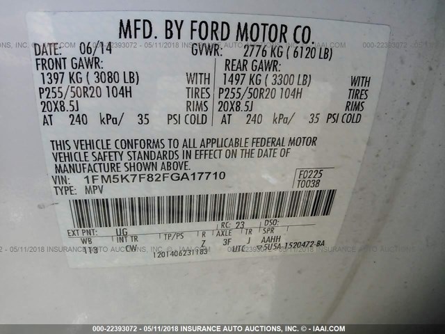 1FM5K7F82FGA17710 - 2015 FORD EXPLORER LIMITED 白色 照片 9