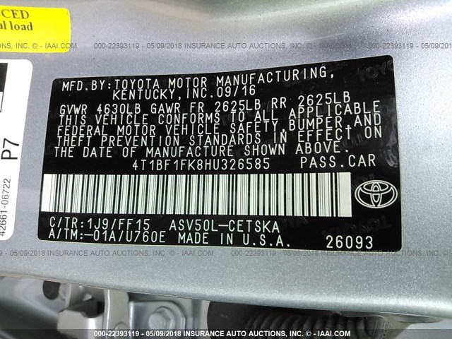 4T1BF1FK8HU326585 - 2017 TOYOTA CAMRY LE/XLE/SE/XSE SILVER photo 9