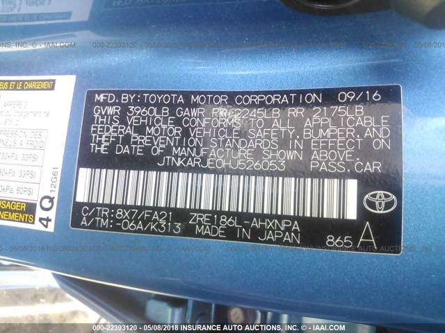 JTNKARJE0HJ526053 - 2017 TOYOTA COROLLA IM BLUE photo 9