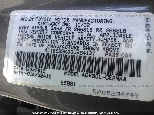 4T1BE32K33U654137 - 2003 TOYOTA CAMRY LE/XLE/SE GRAY photo 9