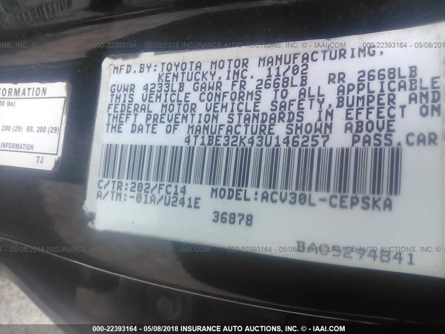 4T1BE32K43U146257 - 2003 TOYOTA CAMRY LE/XLE/SE BLACK photo 9