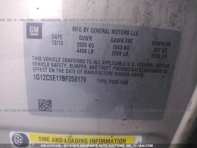 1G1ZC5E17BF258179 - 2011 CHEVROLET MALIBU 1LT 金色 照片 9