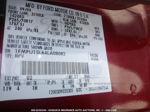 1FMPU15L64LA08082 - 2004 FORD EXPEDITION XLT წითელი ფოტო 9