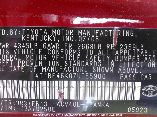 4T1BE46K07U055900 - 2007 TOYOTA CAMRY NEW GENERAT CE/LE/XLE/SE RED photo 9
