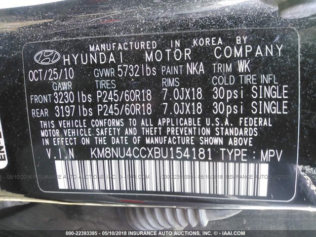 KM8NU4CCXBU154181 - 2011 HYUNDAI VERACRUZ GLS/LIMITED BLACK photo 9