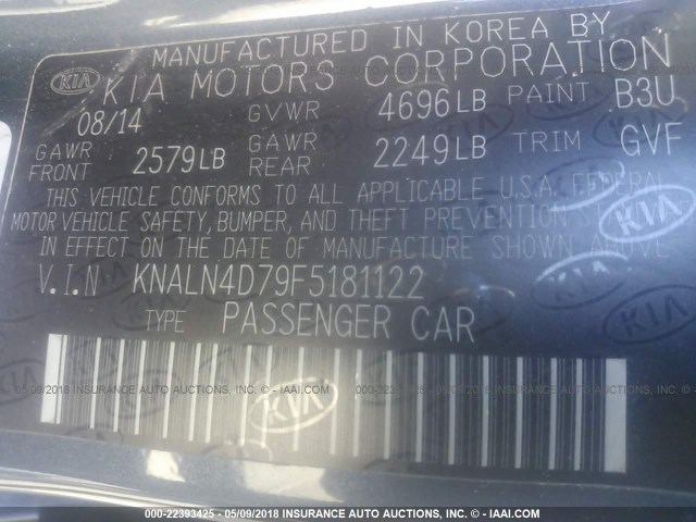 KNALN4D79F5181122 - 2015 KIA CADENZA PREMIUM/LIMITED GRAY photo 9