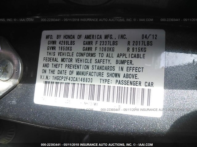 1HGCP2F43CA146830 - 2012 HONDA ACCORD LXP GRAY photo 9