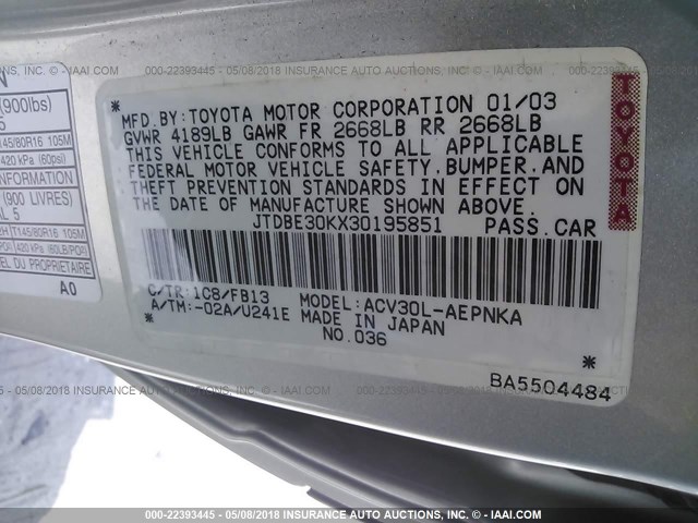 JTDBE30KX30195851 - 2003 TOYOTA CAMRY LE/XLE SILVER photo 9