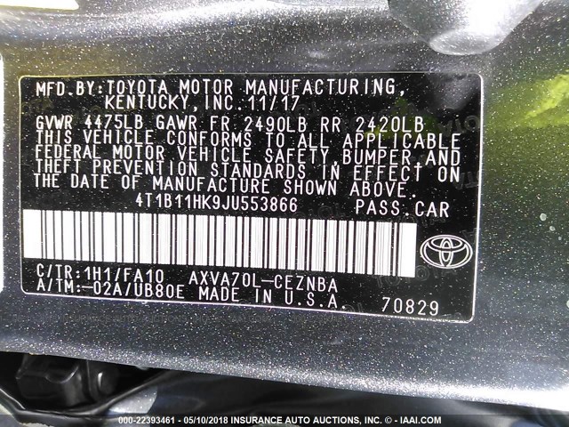 4T1B11HK9JU553866 - 2018 TOYOTA CAMRY L/LE/XLE/SE/XSE GRAY photo 9