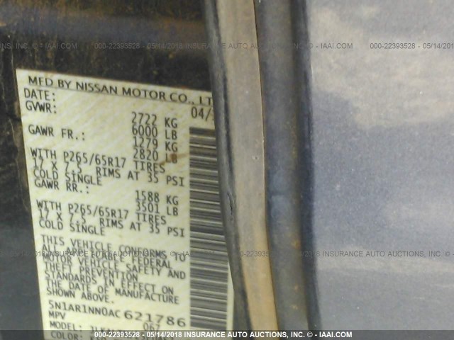 5N1AR1NN0AC621786 - 2010 NISSAN PATHFINDER S/LE/SE BLUE photo 9