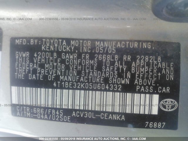 4T1BE32K05U604332 - 2005 TOYOTA CAMRY LE/XLE/SE 银色 照片 9