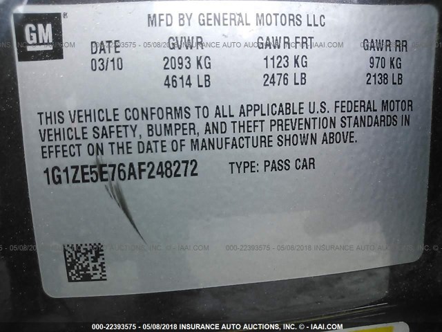 1G1ZE5E76AF248272 - 2010 CHEVROLET MALIBU LTZ ნაცრისფერი ფოტო 9