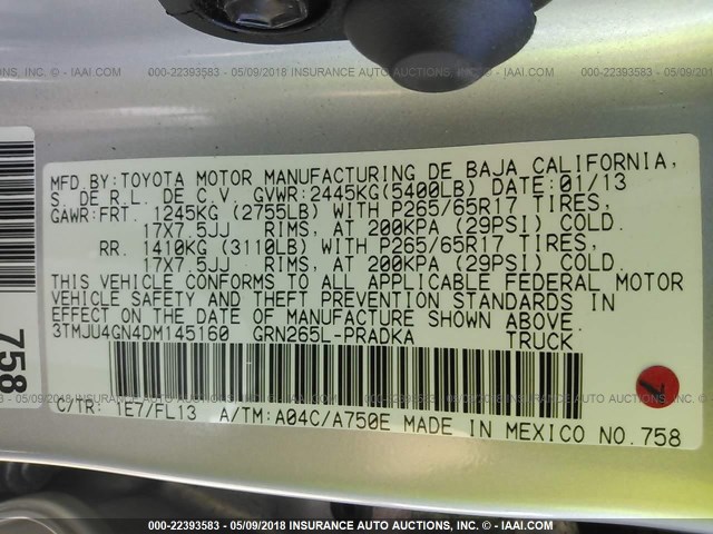 3TMJU4GN4DM145160 - 2013 TOYOTA TACOMA DOUBLE CAB PRERUNNER SILVER photo 9