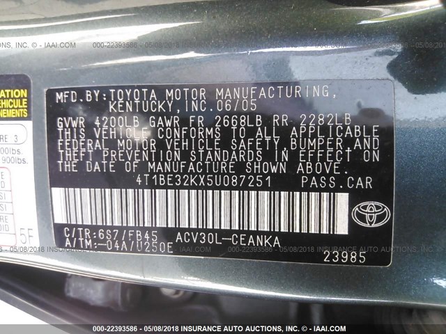 4T1BE32KX5U087251 - 2005 TOYOTA CAMRY LE/XLE/SE BLACK photo 9