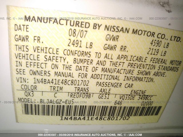 1N4BA41E48C801702 - 2008 NISSAN MAXIMA SE/SL WHITE photo 9