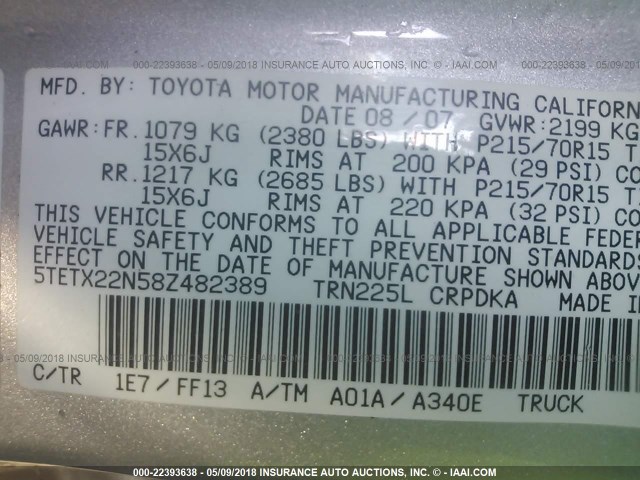 5TETX22N58Z482389 - 2008 TOYOTA TACOMA ACCESS CAB 银色 照片 9