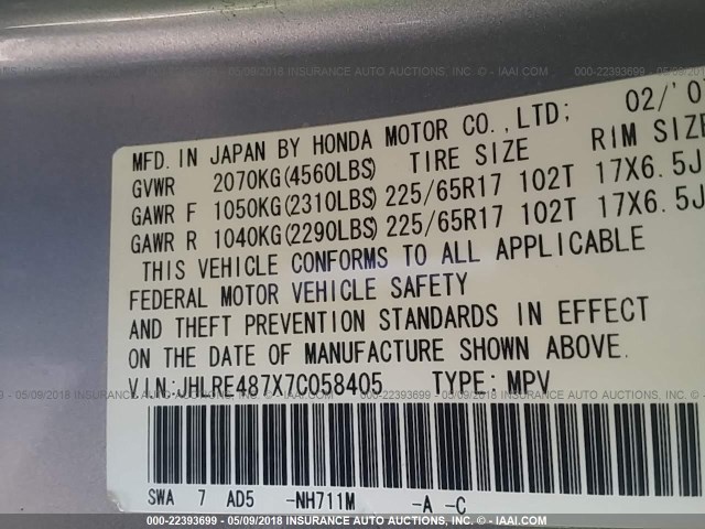 JHLRE487X7C058405 - 2007 HONDA CR-V EXL SILVER photo 9