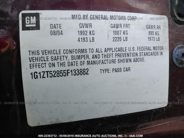 1G1ZT52855F133882 - 2005 CHEVROLET MALIBU LS MAROON photo 9