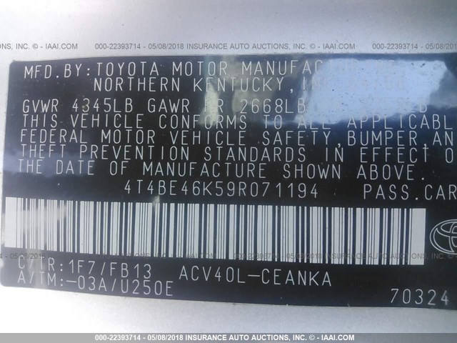 4T4BE46K59R071194 - 2009 TOYOTA CAMRY SE/LE/XLE SILVER photo 9