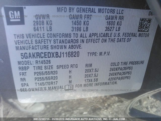5GAKRCEDXBJ116820 - 2011 BUICK ENCLAVE CXL Marron photo 9