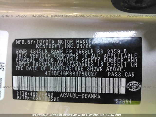 4T1BE46K88U790027 - 2008 TOYOTA CAMRY CE/LE/XLE/SE TAN photo 9