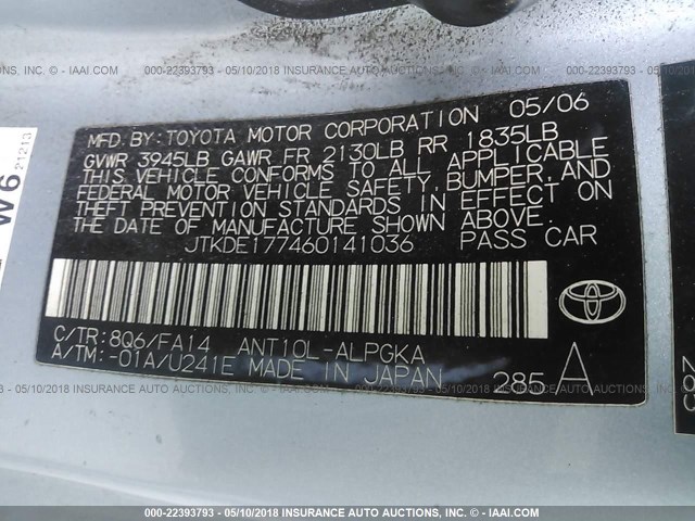 JTKDE177460141036 - 2006 TOYOTA SCION TC 浅蓝色 照片 9