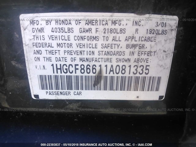 1HGCF86611A081335 - 2001 HONDA ACCORD VALUE GREEN photo 9