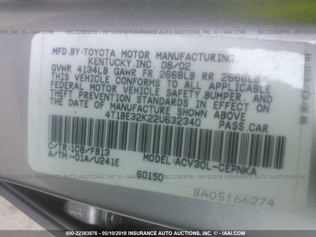 4T1BE32K22U632340 - 2002 TOYOTA CAMRY LE/XLE/SE SILVER photo 9