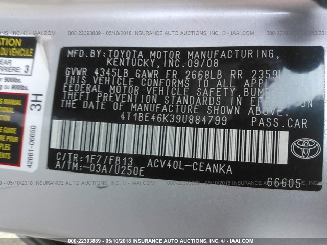 4T1BE46K39U884799 - 2009 TOYOTA CAMRY SE/LE/XLE SILVER photo 9