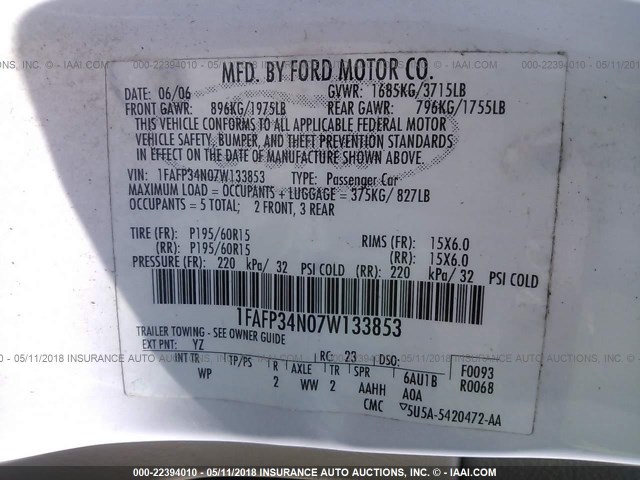 1FAFP34N07W133853 - 2007 FORD FOCUS ZX4/S/SE/SES 白色 照片 9