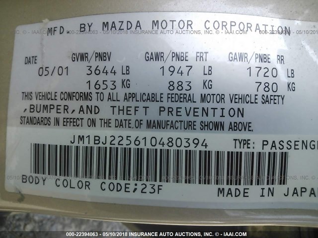 JM1BJ225610480394 - 2001 MAZDA PROTEGE LX/ES 金色 照片 9