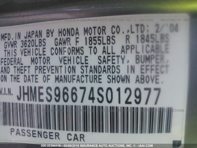 JHMES96674S012977 - 2004 HONDA CIVIC HYBRID GRAY photo 9