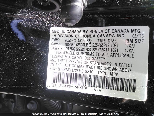 2HKRM3H72FH519836 - 2015 HONDA CR-V EXL BLACK photo 9