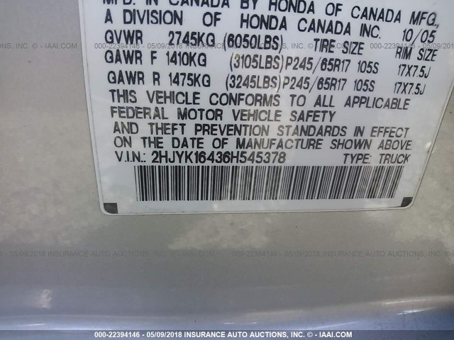 2HJYK16436H545378 - 2006 HONDA RIDGELINE RTS SILVER photo 9