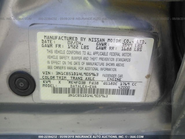 3N1CB51D14L905963 - 2004 NISSAN SENTRA 1.8/1.8S GRAY photo 9