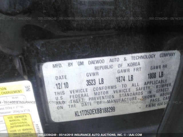 KL1TD5DEXBB188299 - 2011 CHEVROLET AVEO LS/LT 黑色 照片 9