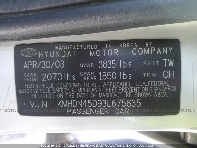 KMHDN45D93U675635 - 2003 HYUNDAI ELANTRA GLS/GT SILVER photo 9