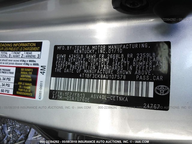 4T1BF3EK8AU107578 - 2010 TOYOTA CAMRY SE/LE/XLE 银色 照片 9