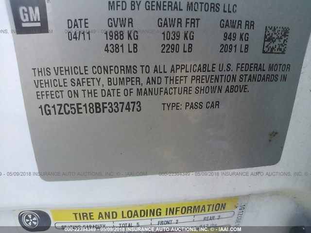 1G1ZC5E18BF337473 - 2011 CHEVROLET MALIBU 1LT 白色 照片 9